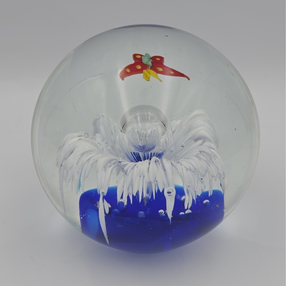 Murano Style Art Glass Blue White Flower With Butterfly Paperweight